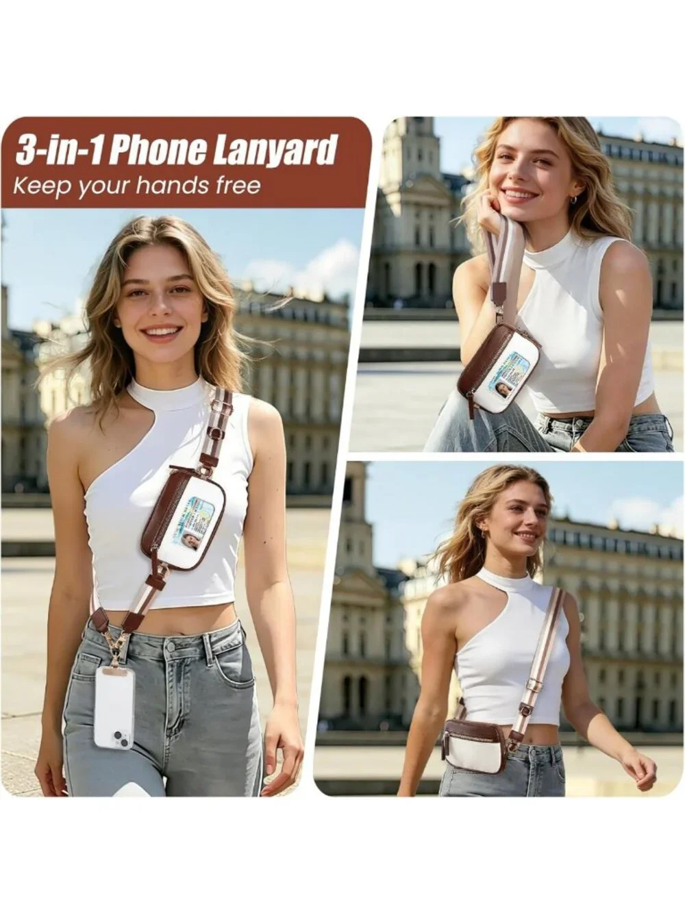 Adjustable Phone Lanyard with Leather Wallet, RFID Wristlet & 2 Straps - Coffee